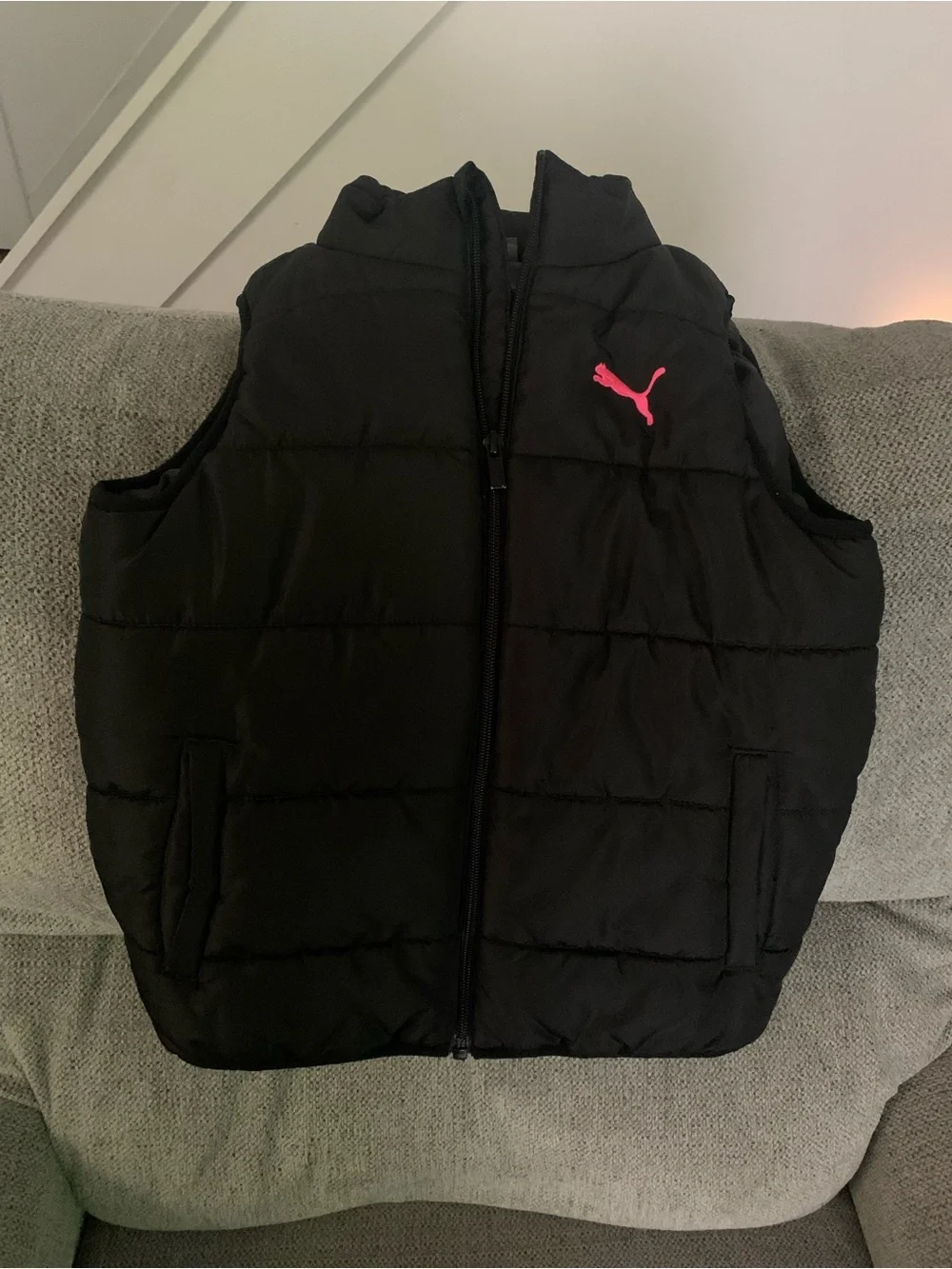 Puma Black Puffer Vest with Pink Logo - Kids